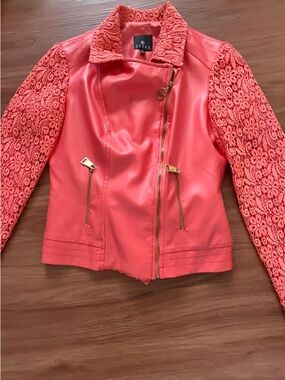 Coral Lace-Sleeve Faux Leather Jacket
